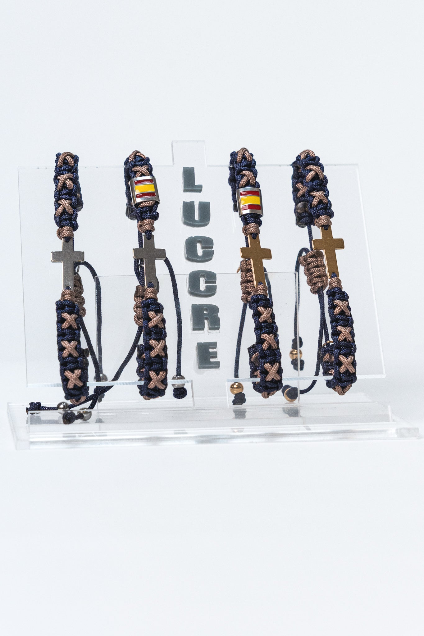 Pulsera cruz azul marino y camel